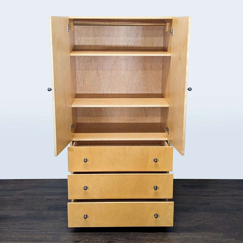 Storage unit featuring a clothing rod and customizable shelving.  