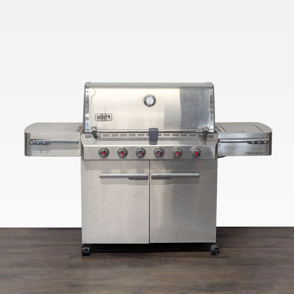 Weber Summit stainless steel grill with six burners, side burner, and storage cabinet for outdoor cooking.  