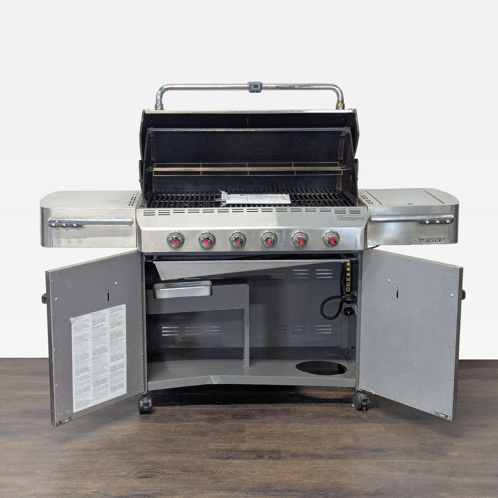 Large Weber grill featuring six burners, a lid thermometer, and ample grilling space, ideal for barbecues.  
