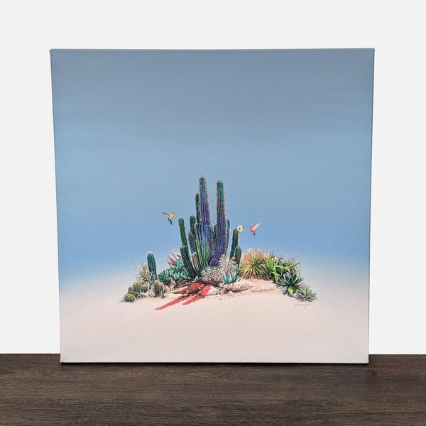 Acrylic painting of cacti, succulents, and hummingbirds on a soft blue background by artist Sammy Koh, 2023.