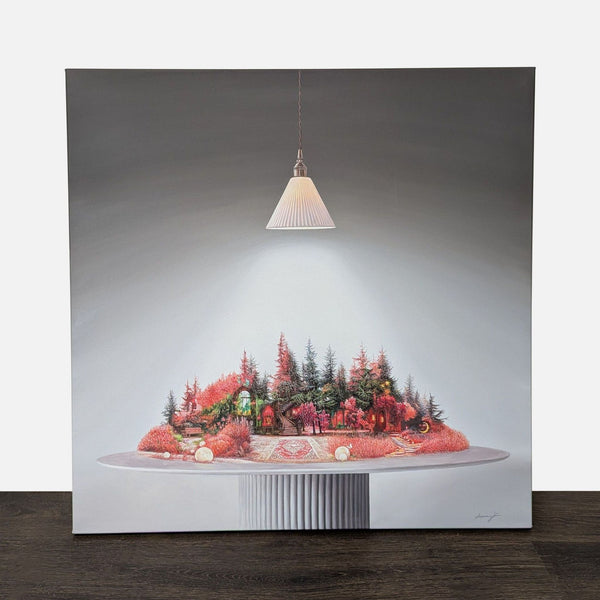 A whimsical miniature landscape by Sammy Koh, with lush plants and architecture beneath a lit pendant light.