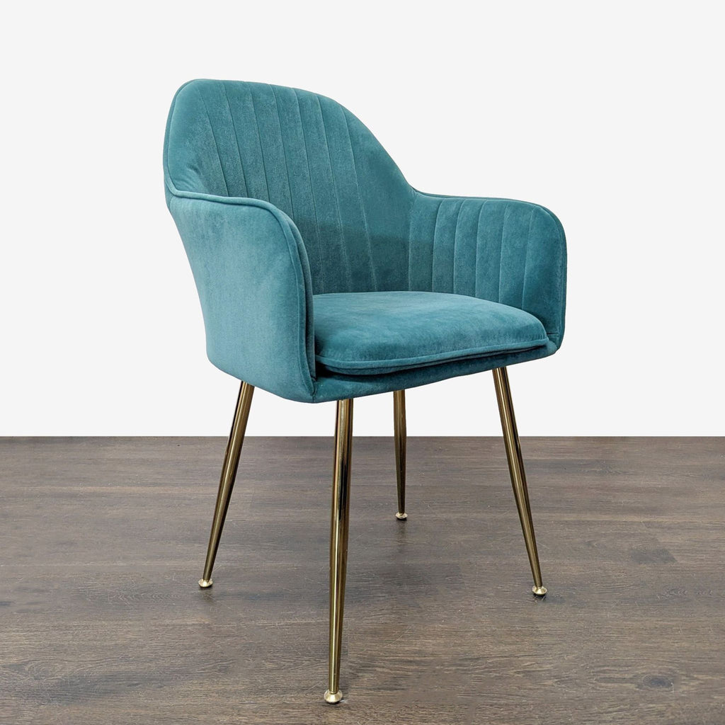 Modern lounge chair in soft teal velvet with comfortable padding and gold legs, ideal for stylish interiors.  
