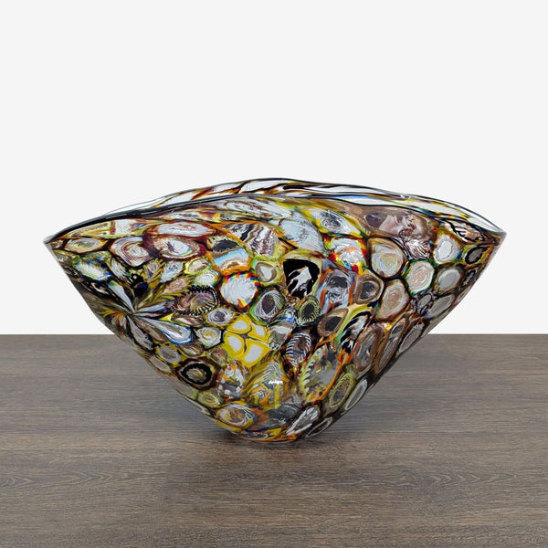 Hand-blown glass bowl with Millefiori flower patterns and rippled, handkerchief-like edges.