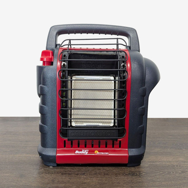 Mr. Heater Buddy portable propane heater with carrying handle, front grill, and compact design for indoor or outdoor use.  