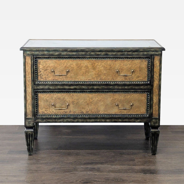 Luxury Art Deco two-drawer dresser with gilded mirrored panels and brass hardware by Eglomisé, Theodore Alexander.
