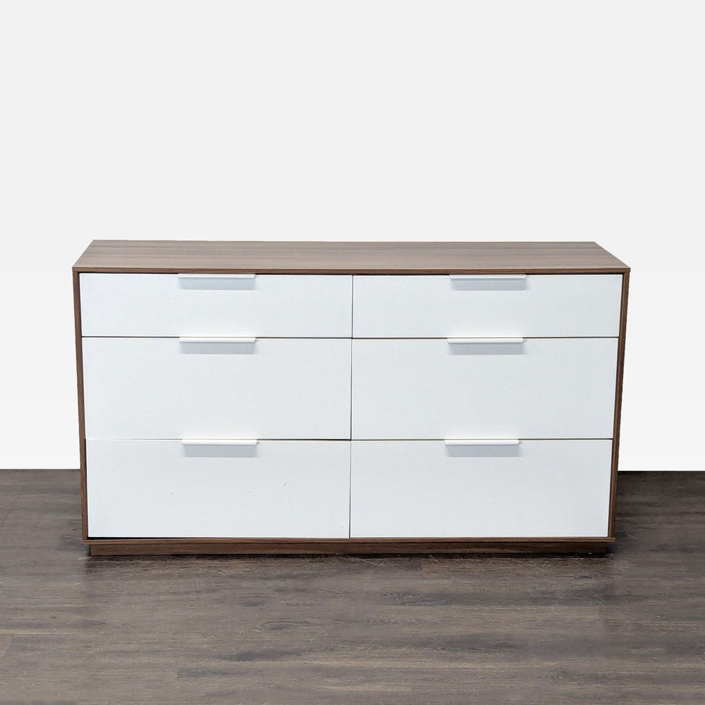 Modern Ikea dresser with walnut frame, six glossy white drawers, and minimalist handles, ideal for bedrooms.