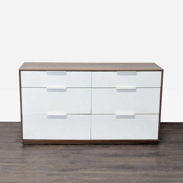 Modern Ikea dresser with walnut frame, six glossy white drawers, and minimalist handles, ideal for bedrooms.