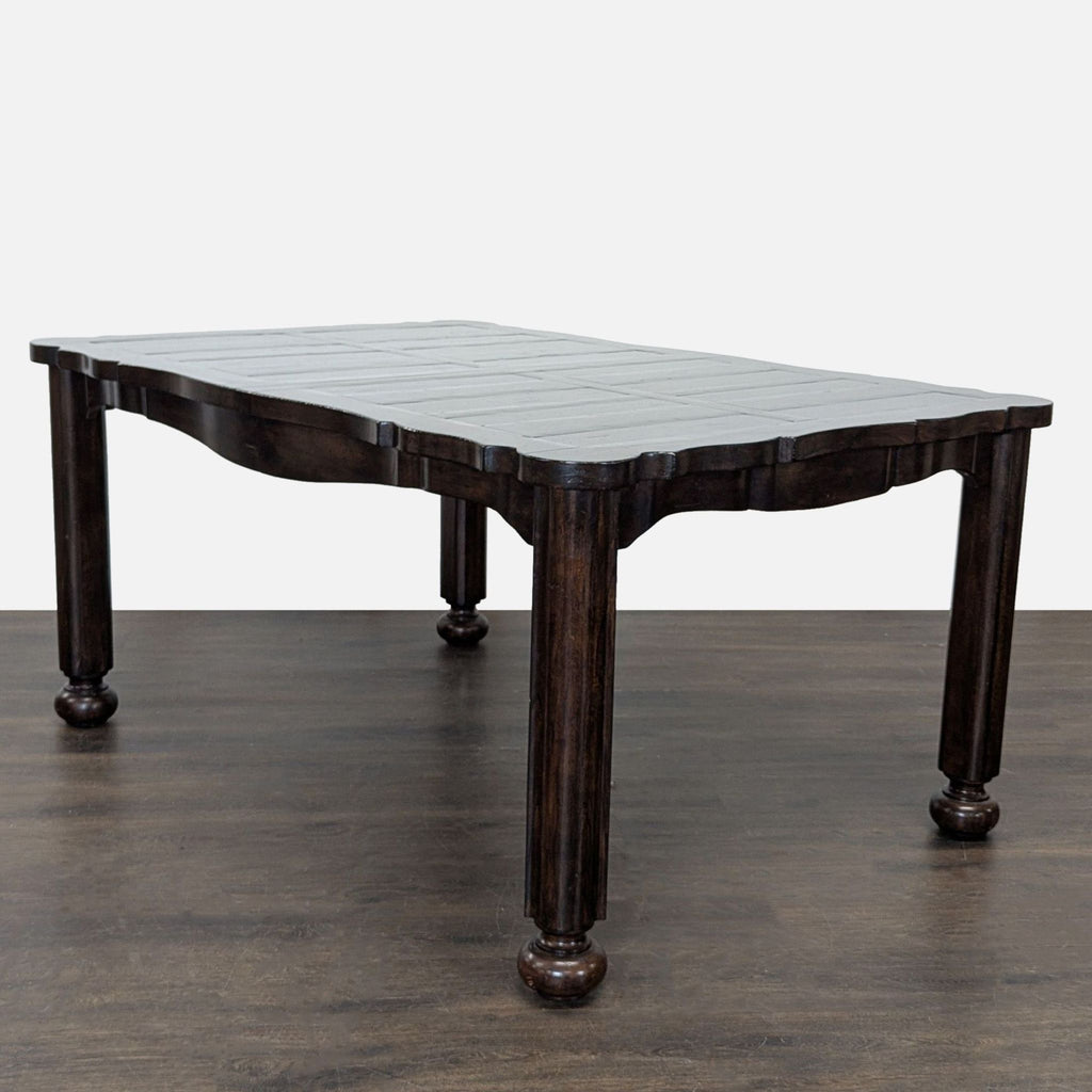 Stanley Furniture rectangular dining table with turned legs and four X-back chairs featuring nailhead-trimmed linen seats.