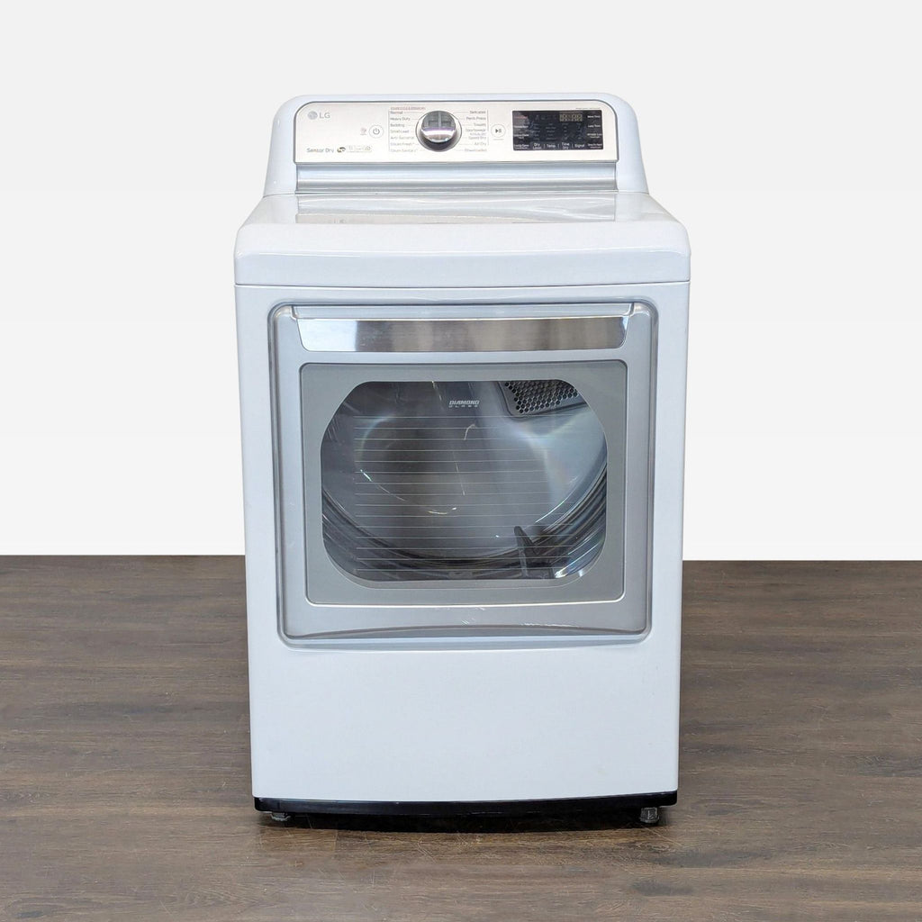 LG electric dryer in white with clear door, large capacity, user-friendly controls, for efficient home drying.  