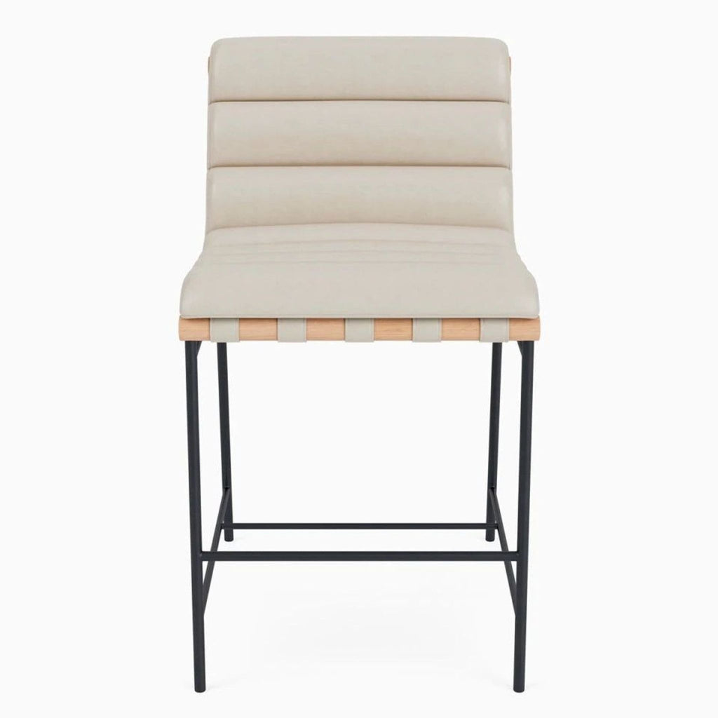 Denver Modern chair with pearl leather, leather straps, oak dowel, and a powder-coated steel frame.