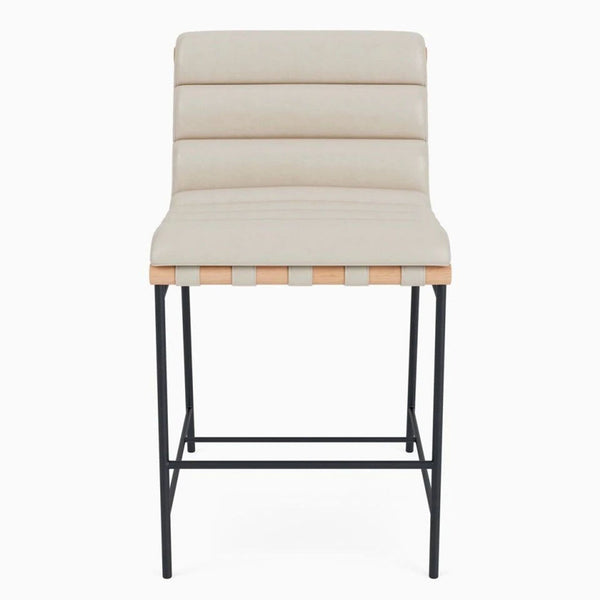 Denver Modern chair with pearl leather, leather straps, oak dowel, and a powder-coated steel frame.