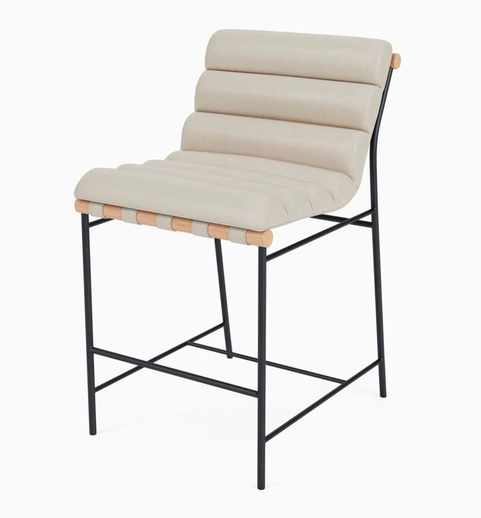 Modern chair by Denver Modern with pearl leather, leather straps, oak dowel, and steel frame construction.