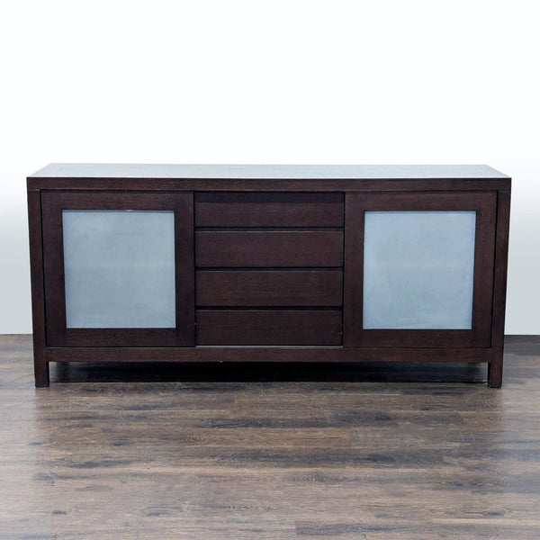 Crate and Barrel side board. Doors slide open to reveal additional shelves.