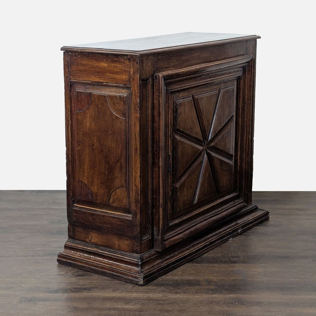 1. Modern wooden cabinet with two doors and sleek metal handles, standing on short legs.