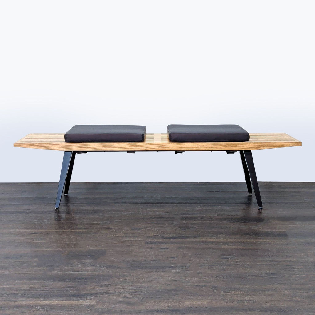 Mid-Century Slatted Wood Bench with Cushions