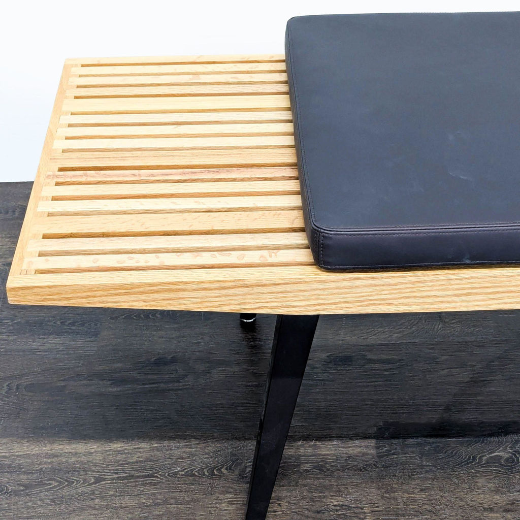 Mid-Century Slatted Wood Bench with Cushions