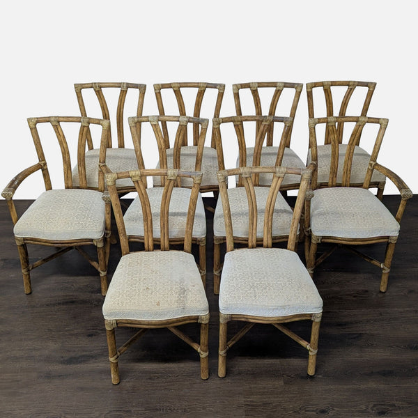 Set of eight McGuire bamboo/rattan side chairs and two armchairs with upholstered seats.  