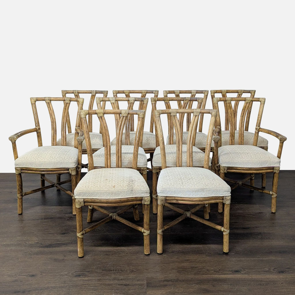 Ten-piece McGuire set of rattan and bamboo dining chairs with padded seat cushions and armchair options.