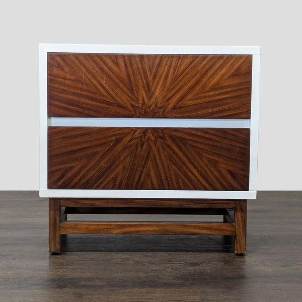 White Crate and Barrel end table with sunburst-patterned veneered drawer fronts.  
