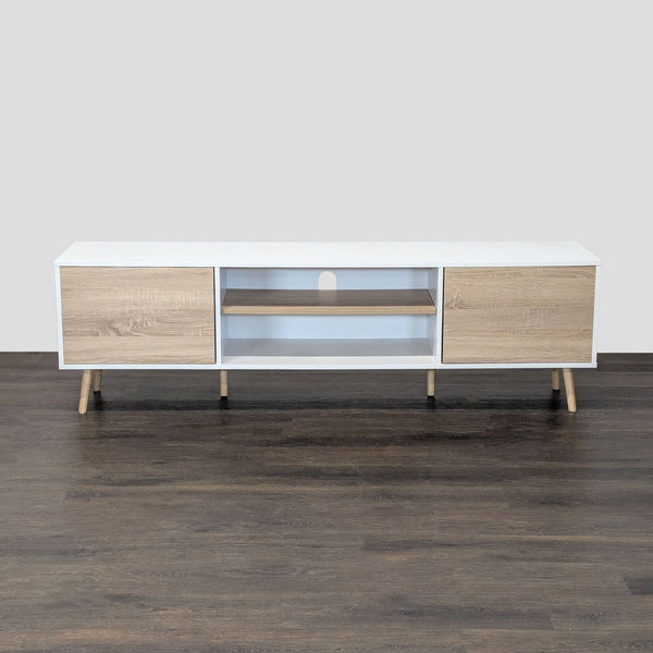 Modern white and oak Wampat media console with two cabinets, open shelf, and cable management holes.