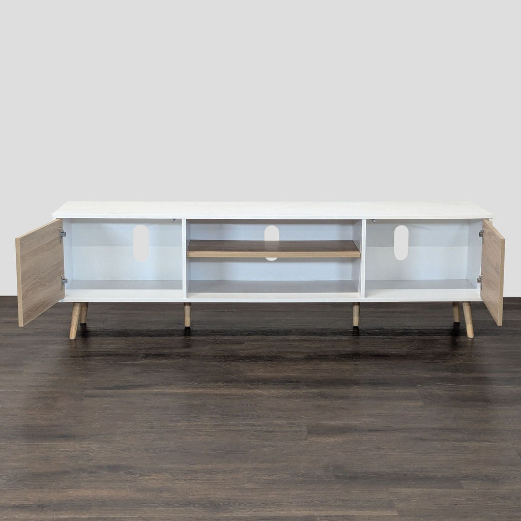 Wampat entertainment center featuring hidden storage, adjustable shelf, sturdy legs, and organized cable access.