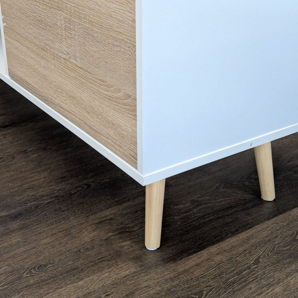 Contemporary media console in white/oak; includes cabinets, open shelf, cable holes, by Wampat.