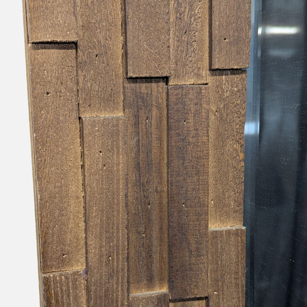 3. Mirror surrounded by an intricate, three-dimensional wood design for a modern touch.
