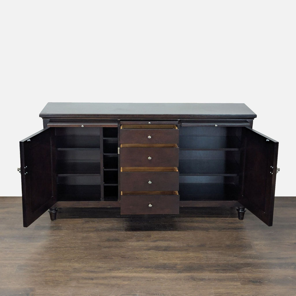 Classic dark wood Bernhardt credenza featuring two cabinets, shelving, and central drawers including silverware storage.