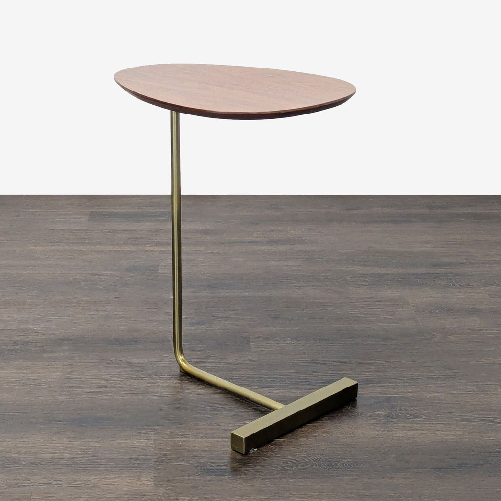 1. West Elm side table with a walnut top and antiqued brass finish base, shown on a wooden floor.