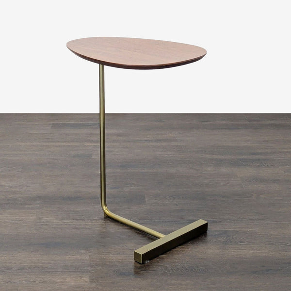 1. West Elm side table with a walnut top and antiqued brass finish base, shown on a wooden floor.