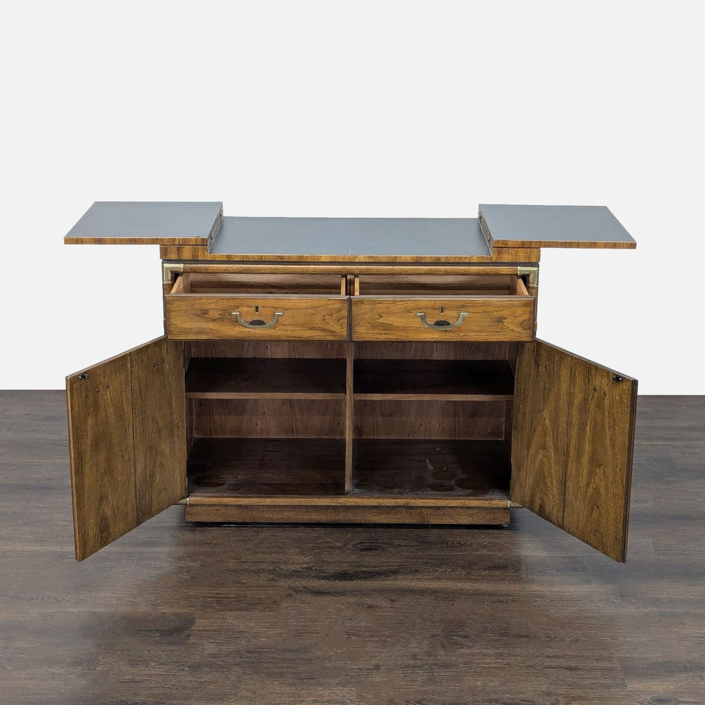 2. Vintage Drexel credenza with black laminate serving leaves, two drawers, and four-door cabinet.