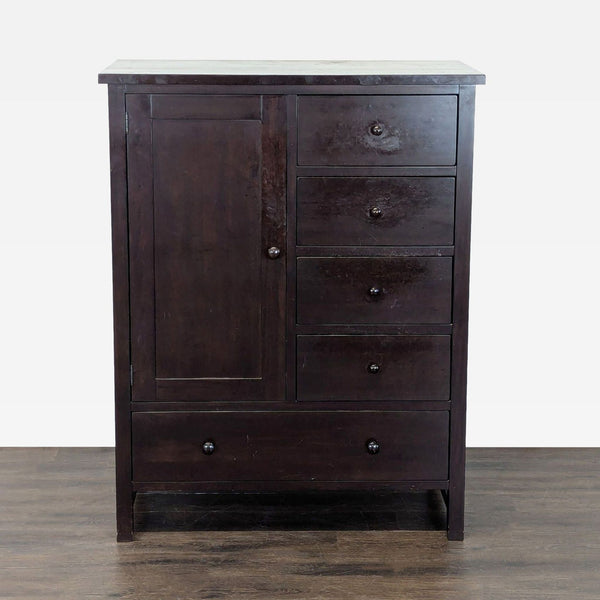 Pottery Barn dark wood dresser with four drawers, a large bottom drawer, and a side cabinet for storage.