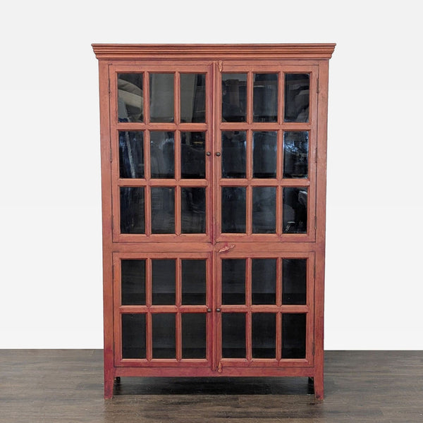 Red Sheesham wood hutch with hand-forged iron hardware, glass-paneled doors, and three fixed shelves.