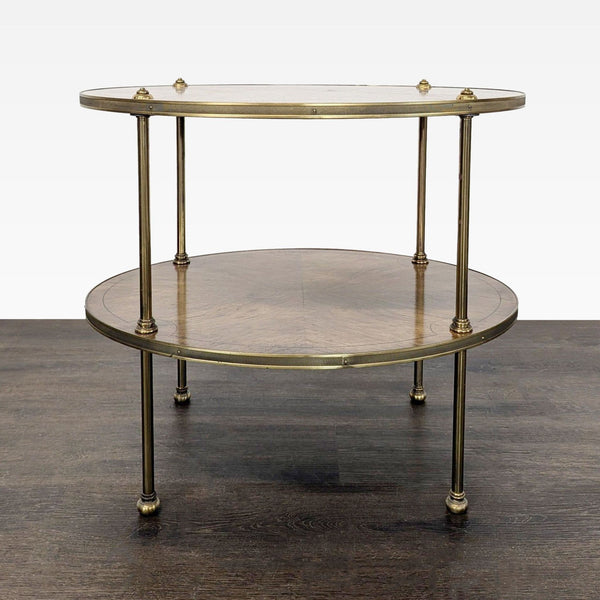 Inlaid Old Colony Furniture end table with brass legs and trim, showcasing elegant craftsmanship.  