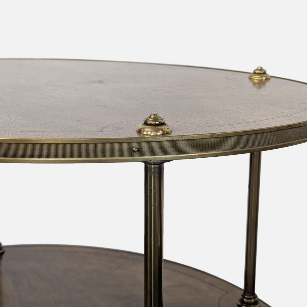 Brass-trimmed end table by Old Colony Furniture, featuring intricate inlay and sturdy brass legs.  