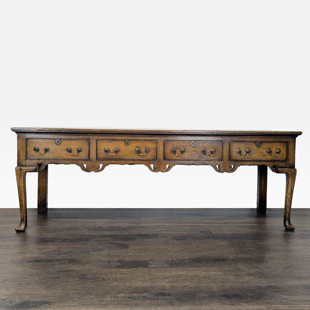 Georgian style rustic side table with ornate metal accents and a sturdy wood design.  