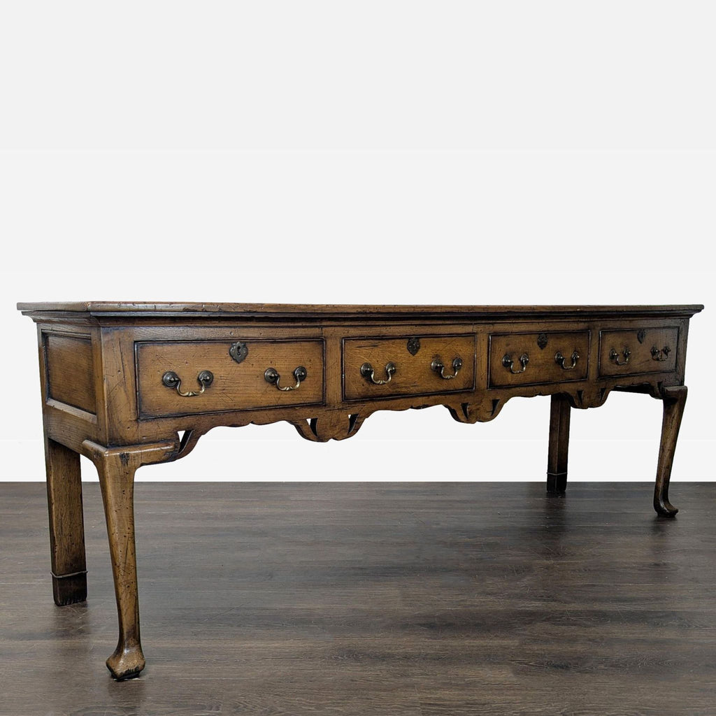 Distressed wood side table in Georgian style, highlighted by intricate metal details.