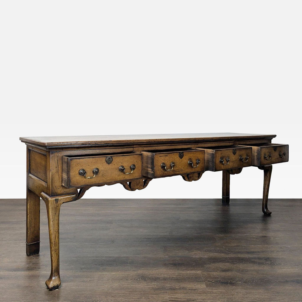 Rustic console table featuring Georgian influences and decorative metal embellishments.  
