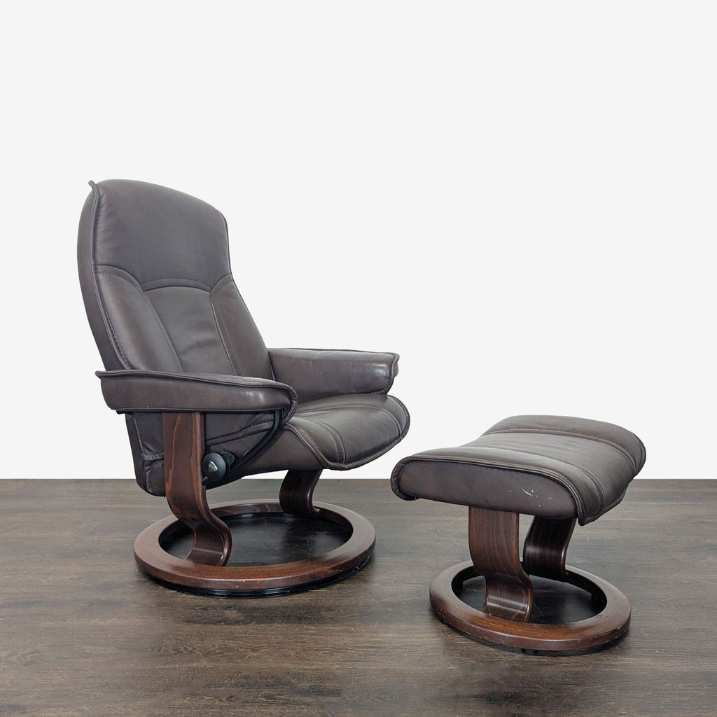 Dark brown leather Stressless lounge chair and ottoman with wood base, offering ergonomic comfort and modern style.
