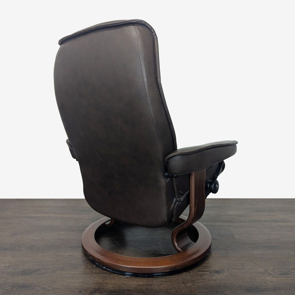 Stressless Ekornes Lounge Chair with Ottoman – Dark Brown Leather & Wood Base