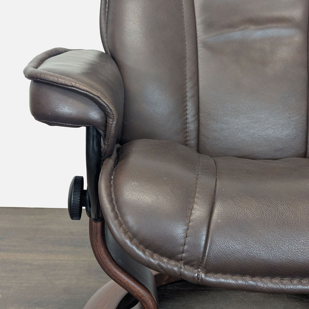 Stressless Ekornes Lounge Chair with Ottoman – Dark Brown Leather & Wood Base