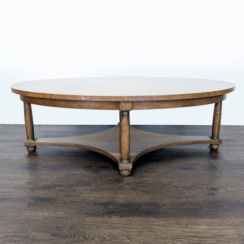 1. Close-up of coffee table with decorative metal embellishments on the surface.  