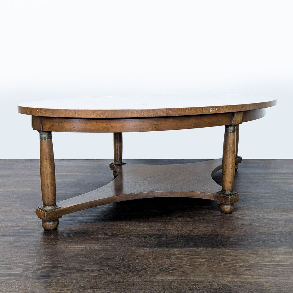 2. Coffee table featuring intricate metal accents along its edges.  