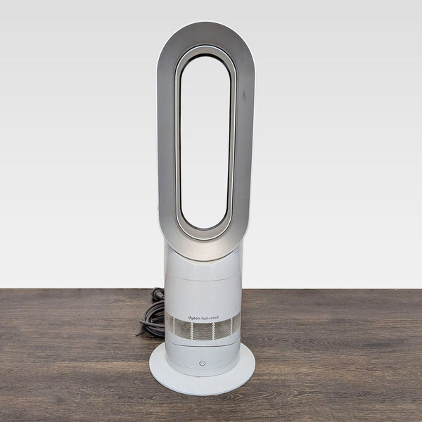 Dyson Hot+Cool AM05 bladeless fan and heater in white and silver, ideal for year-round use.  