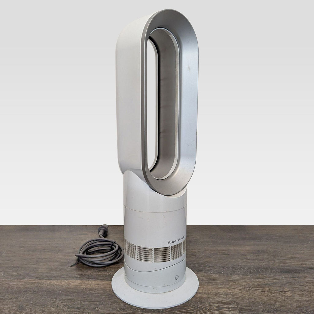 White and silver Dyson fan heater, safe bladeless design, suitable for both cooling and heating.  
