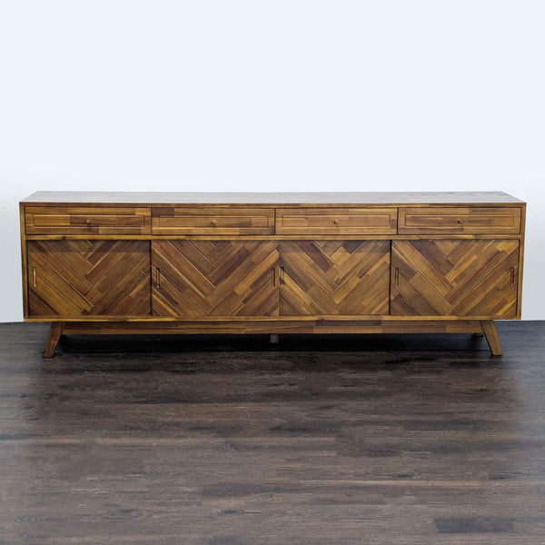 AllModern entertainment center with a chevron wood pattern, walnut finish, drawers, and cabinets for storage.