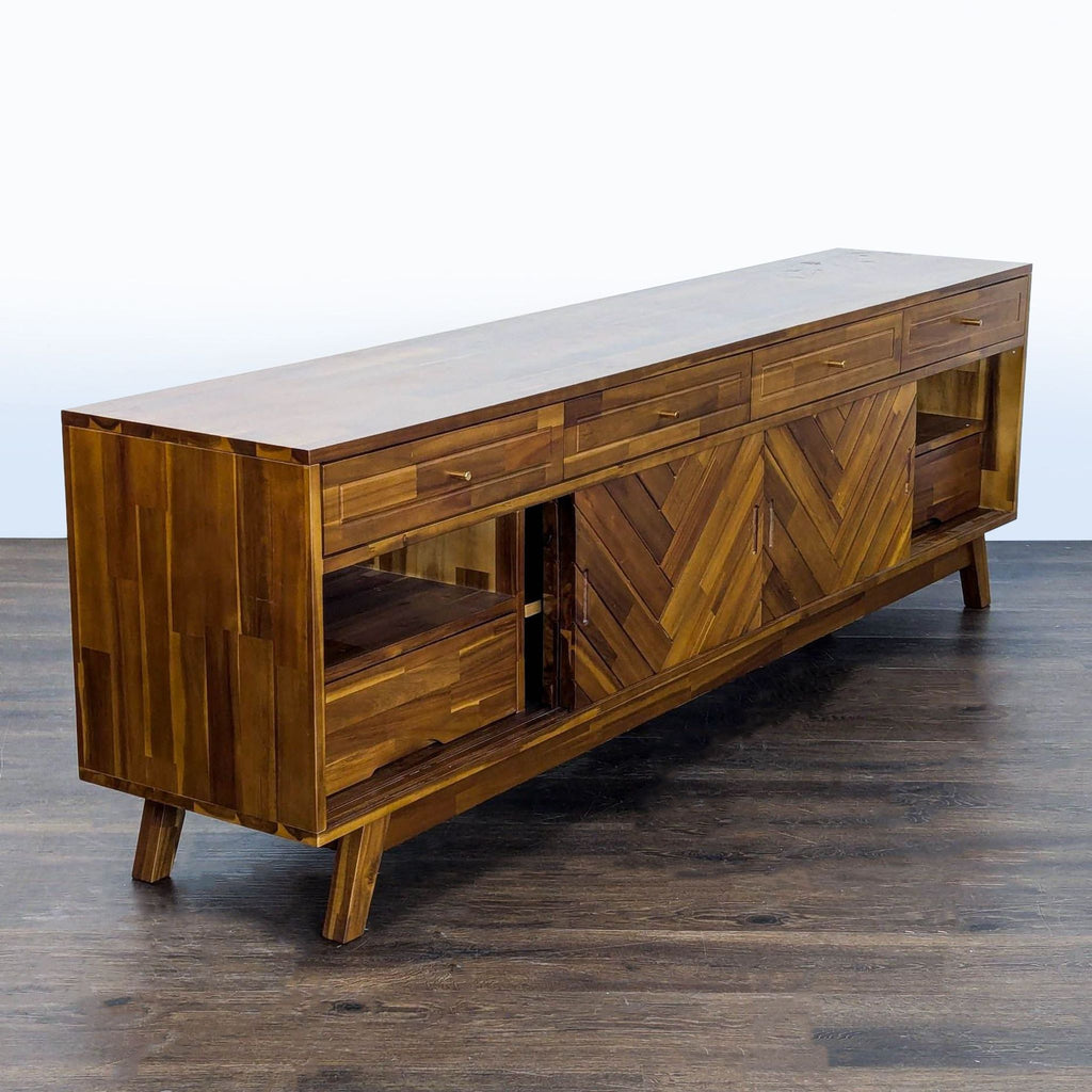 Chevron-patterned AllModern entertainment center with a walnut finish, four upper drawers, and two large cabinets.