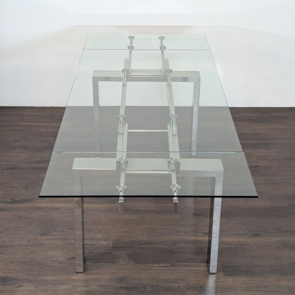Expandable dining table shown fully extended to 94.5 inches for extra seating space.  