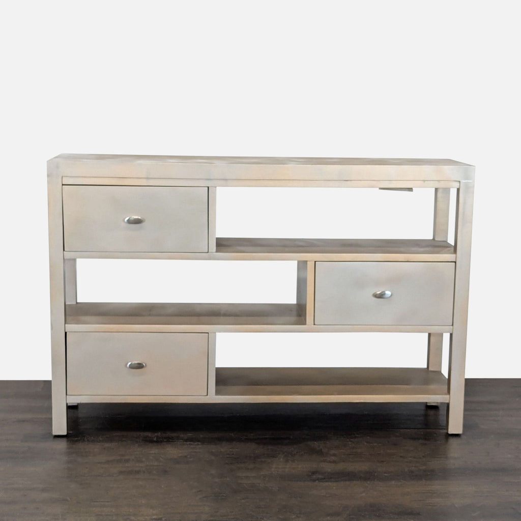 Sleek wood entertainment center with three drawers and open shelves for storage and display.  