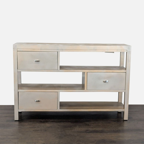 Sleek wood entertainment center with three drawers and open shelves for storage and display.  